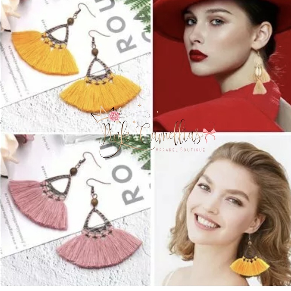 🌸BOHO Pink Tassel Fringe Earrings - Picture 4 of 8